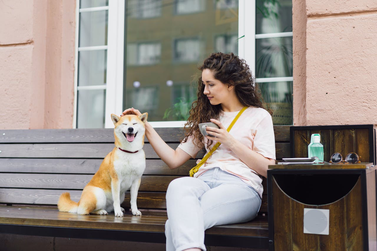 A Woman Sitting with a Dog on a Bench